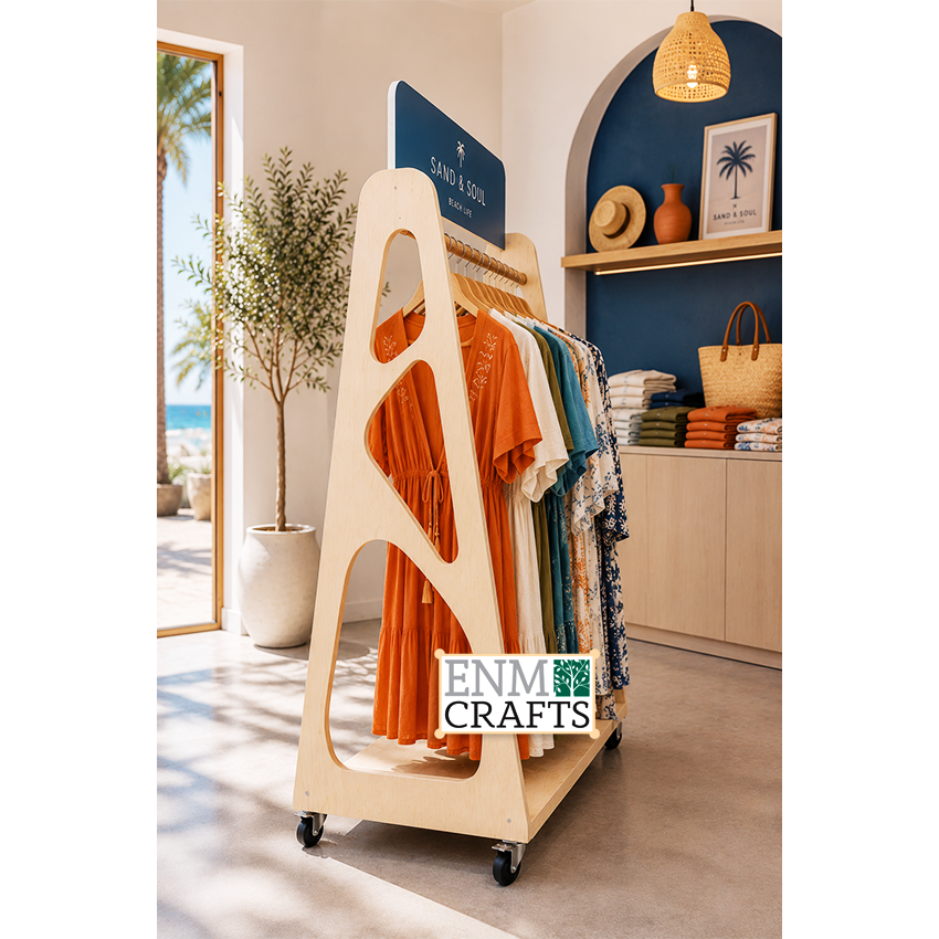 Ξύλινο Stand Προβολής Ρούχων – Premium Resort & Beachwear Display 960015