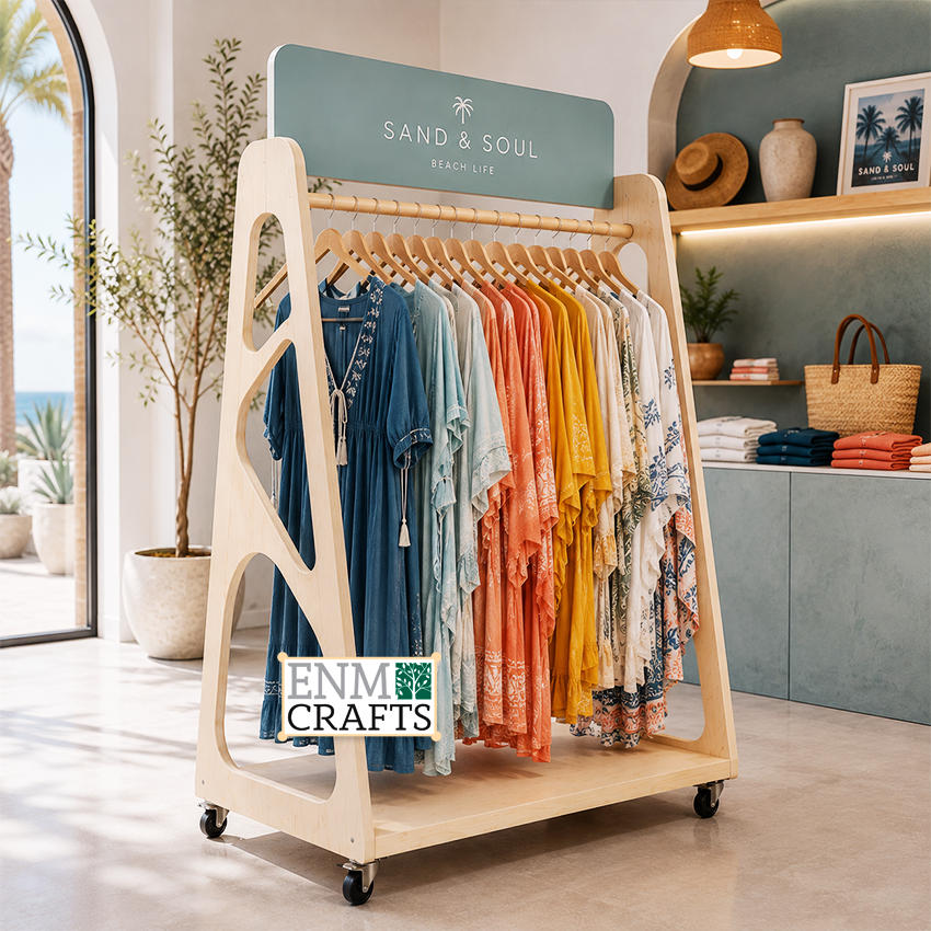 Ξύλινο Stand Προβολής Ρούχων – Premium Resort & Beachwear Display 960015
