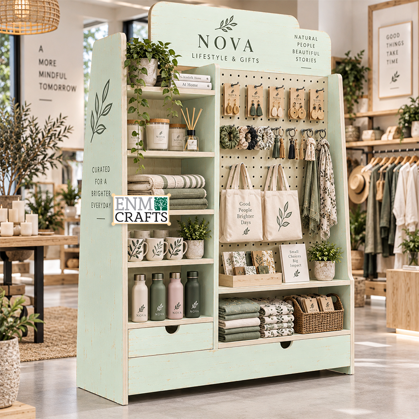 Ξύλινο Pegboard Display με Ράφια & Αποθήκευση 53009