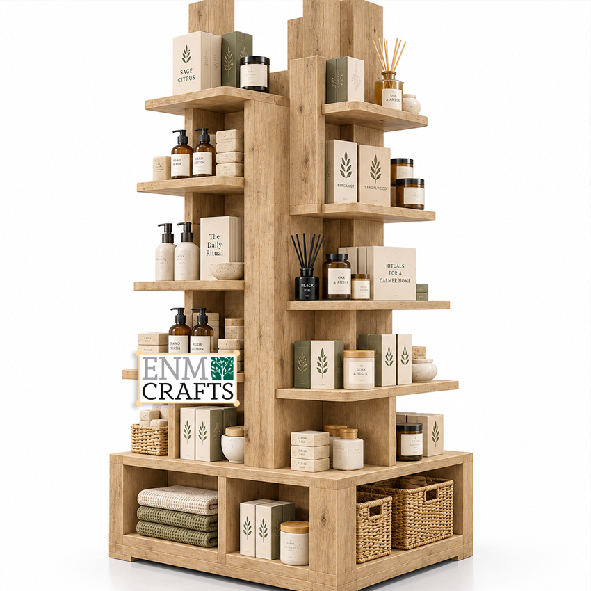 Ξύλινο Επιδαπέδιο Island Display 4 Όψεων με Ράφια 970022