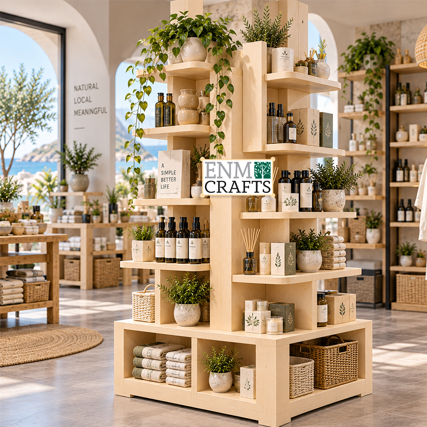 Ξύλινο Επιδαπέδιο Island Display 4 Όψεων με Ράφια 970022