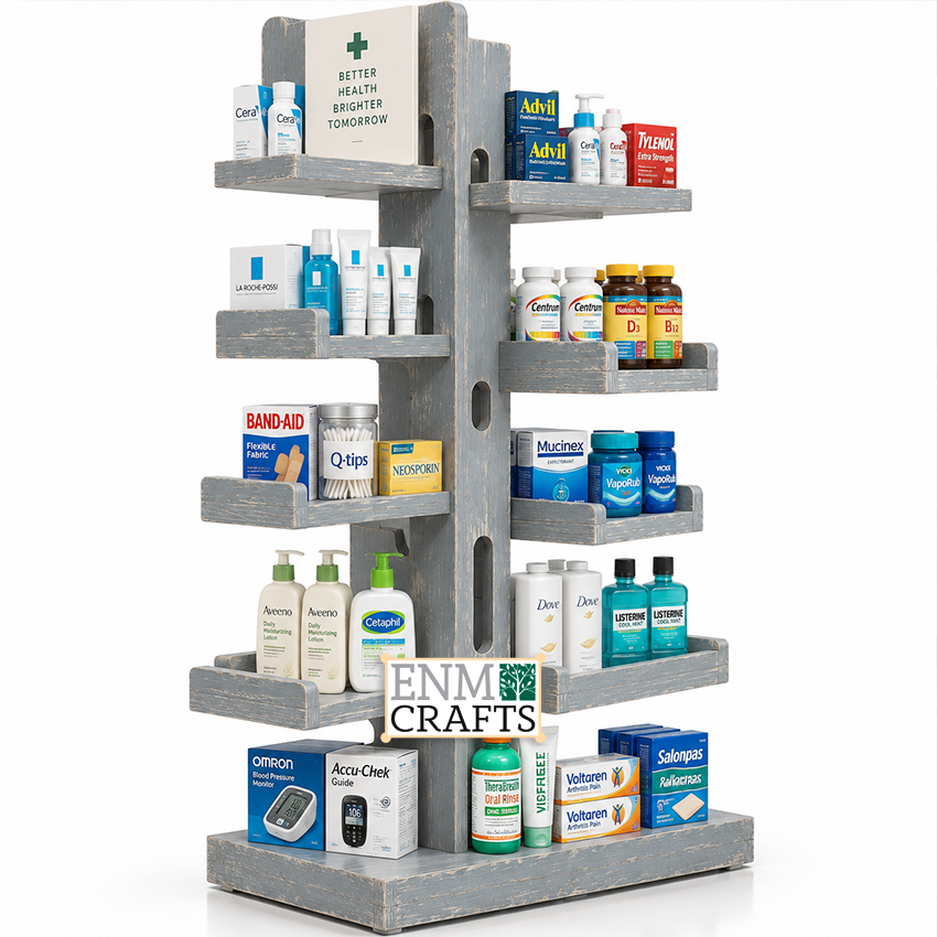 Ξύλινο Επιδαπέδιο Island Display 4 Όψεων για Φαρμακεία & Προϊόντα Υγείας 970026