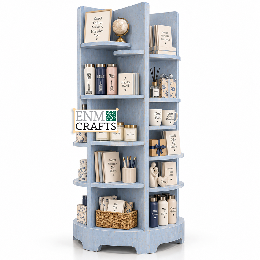 Ξύλινο Επιδαπέδιο Island Display 4 Όψεων με Καμπύλα Ράφια 970029