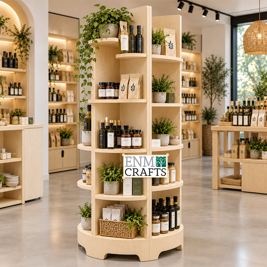 Ξύλινο Επιδαπέδιο Island Display 4 Όψεων με Καμπύλα Ράφια 970029