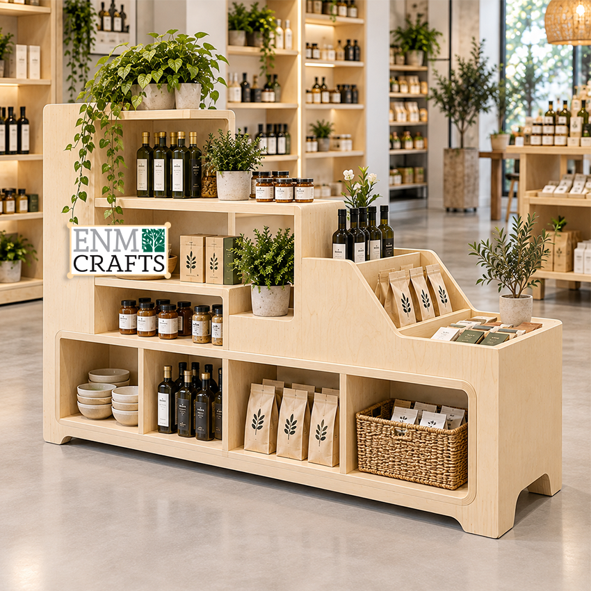 Ξύλινο Επιδαπέδιο Display Πολλαπλών Επιπέδων με Ράφια & Θήκες Προβολής 970030