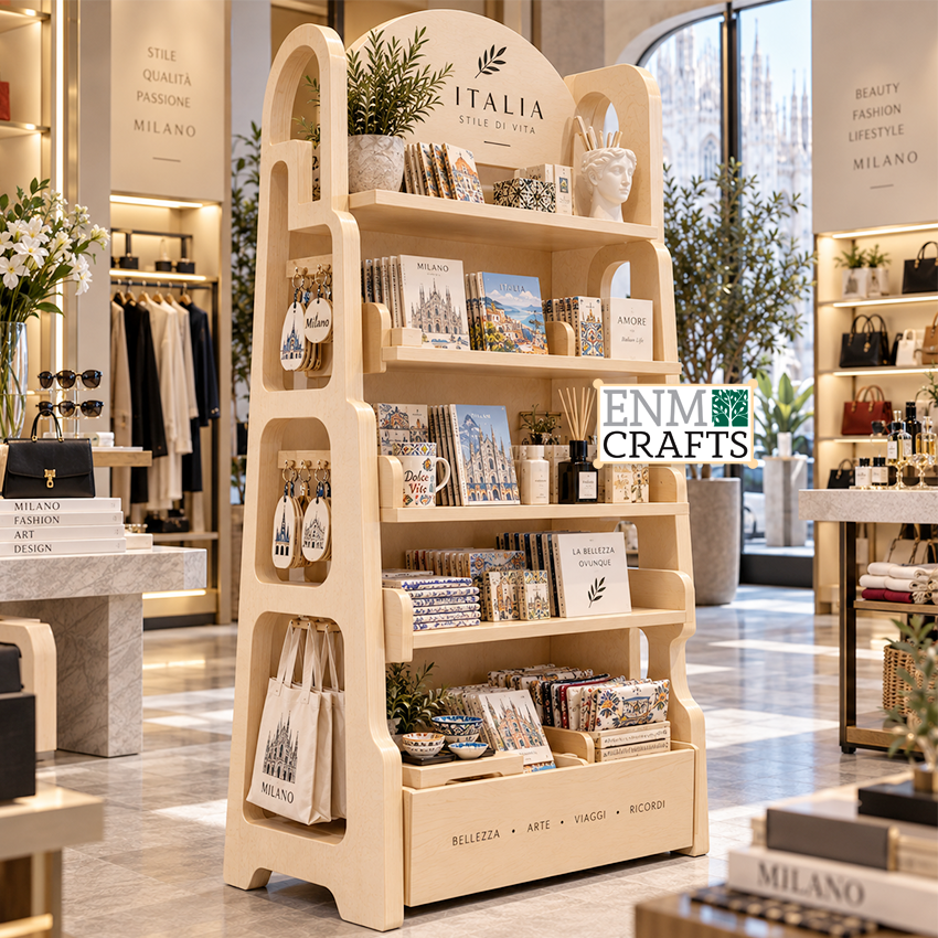 Ξύλινη Επιδαπέδια Ραφιέρα Display με Πλαϊνές Θήκες 970031