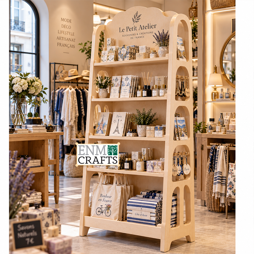 Ξύλινη Επιδαπέδια Ραφιέρα Display με Πλαϊνές Θήκες για Δώρα & Αξεσουάρ 970032