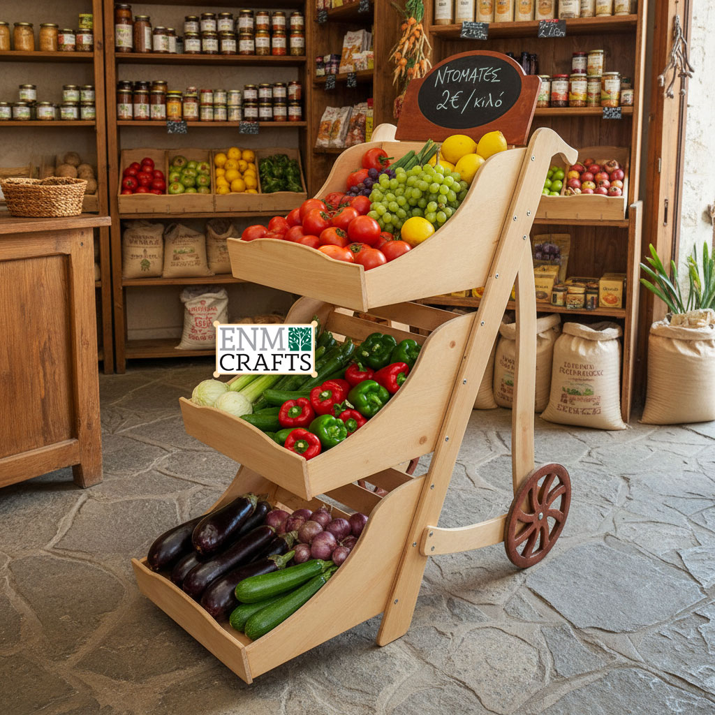 Ξύλινο Stand Καρότσι με 3 Ράφια και Μαυροπίνακα 558