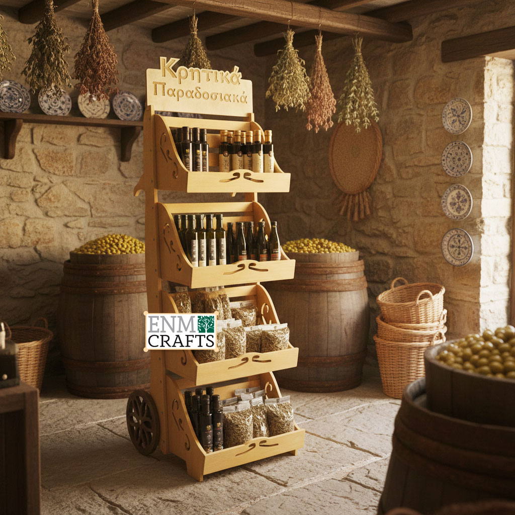 Rustic Ξύλινο Καρότσι Προβολής με Ράφια 585