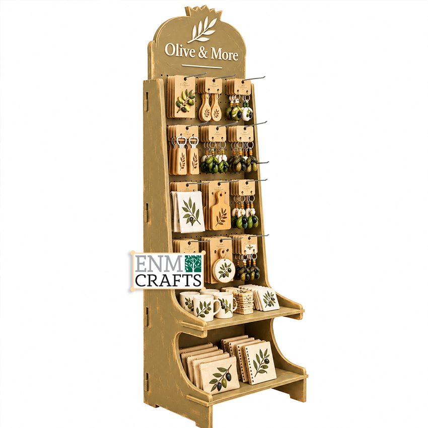Ξύλινο Επιδαπέδιο Pegboard Display με Ράφια 4093