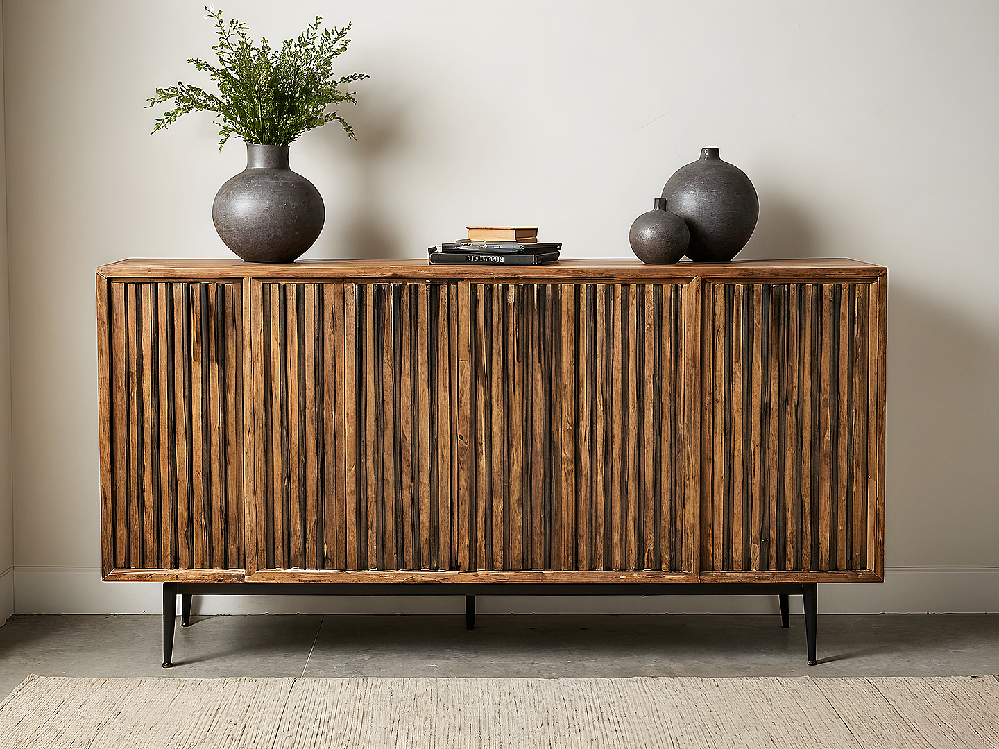 Mid-Century Modern Credenza με Ribbed Πόρτες από Μασίφ Ξύλο