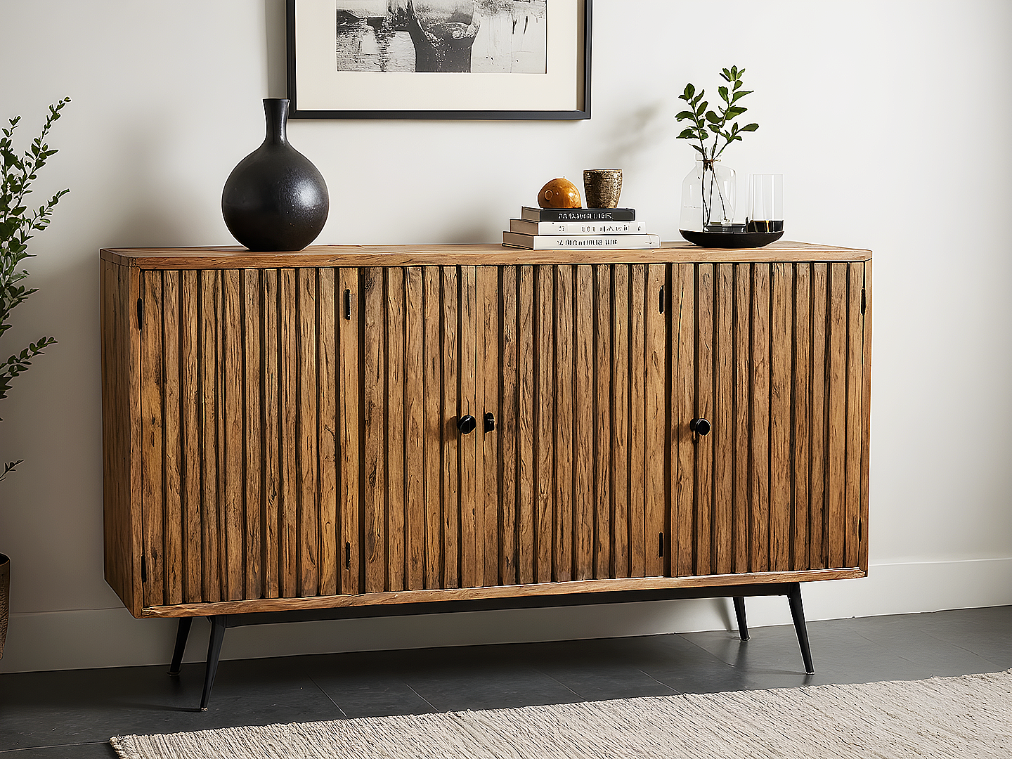 Mid-Century Modern Credenza με Ribbed Πόρτες από Μασίφ Ξύλο