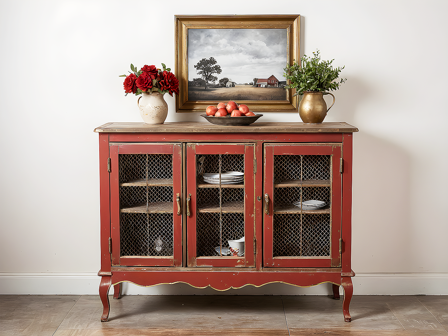 Petite Γαλλικός Μπουφές με Πόρτες & Πατίνα Burgundy Red