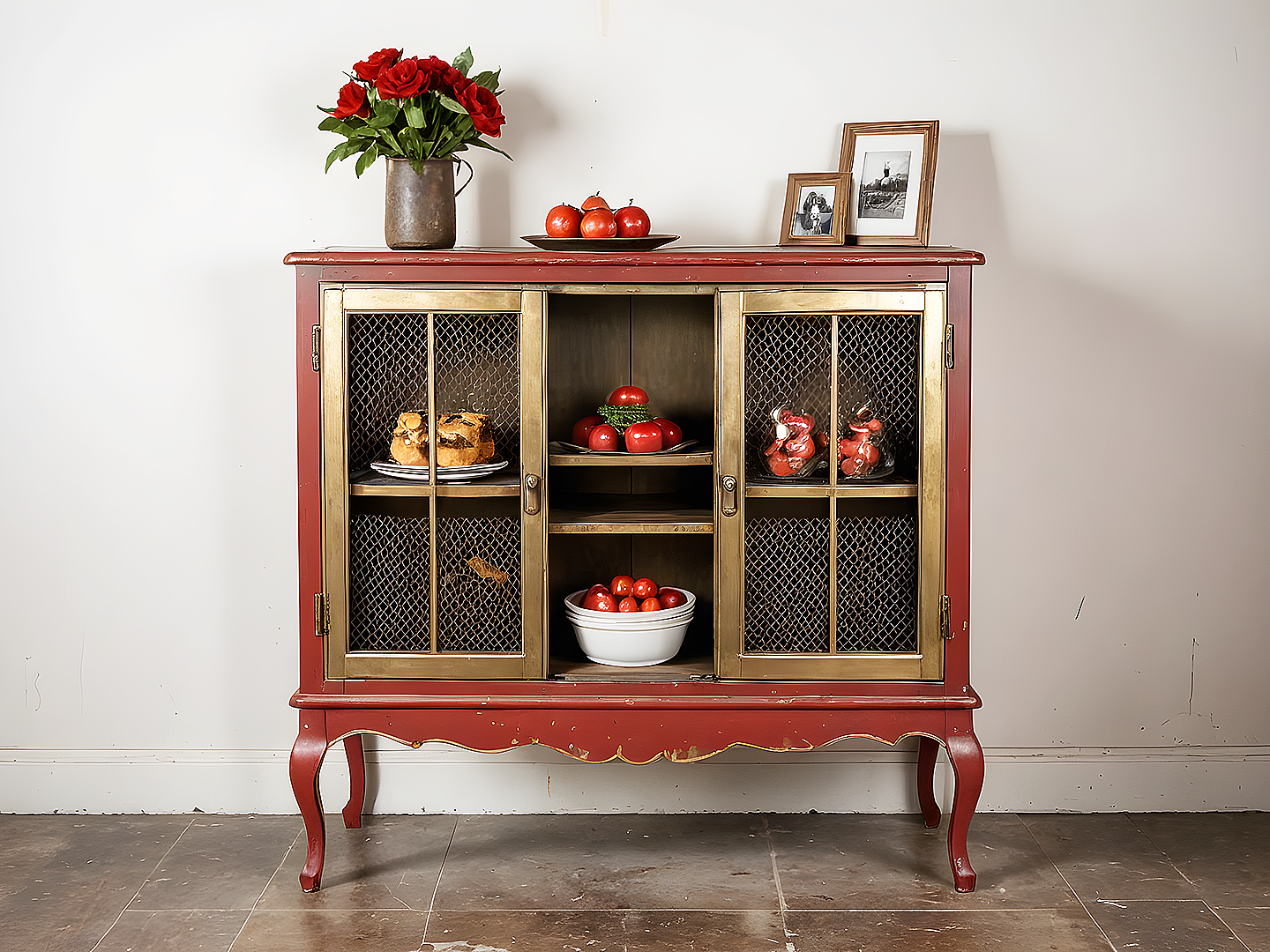 Petite Γαλλικός Μπουφές με Πόρτες & Πατίνα Burgundy Red