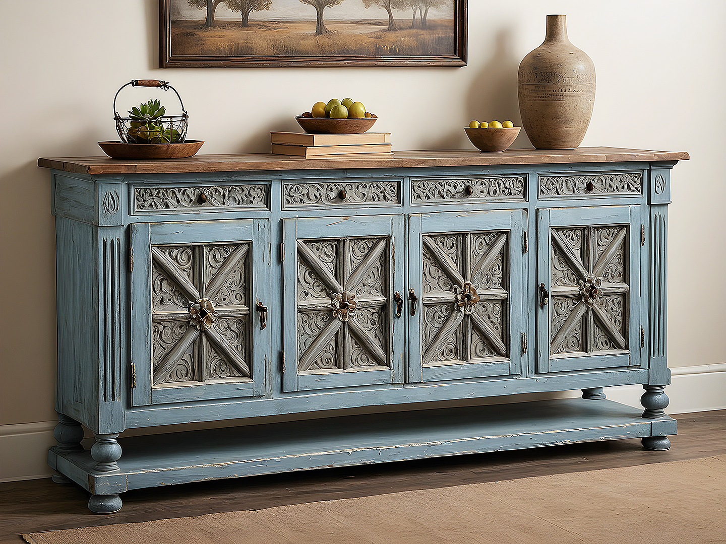 Clio Rustic Μπουφές σε Dusty Blue με Χειροποίητα Σκαλίσματα