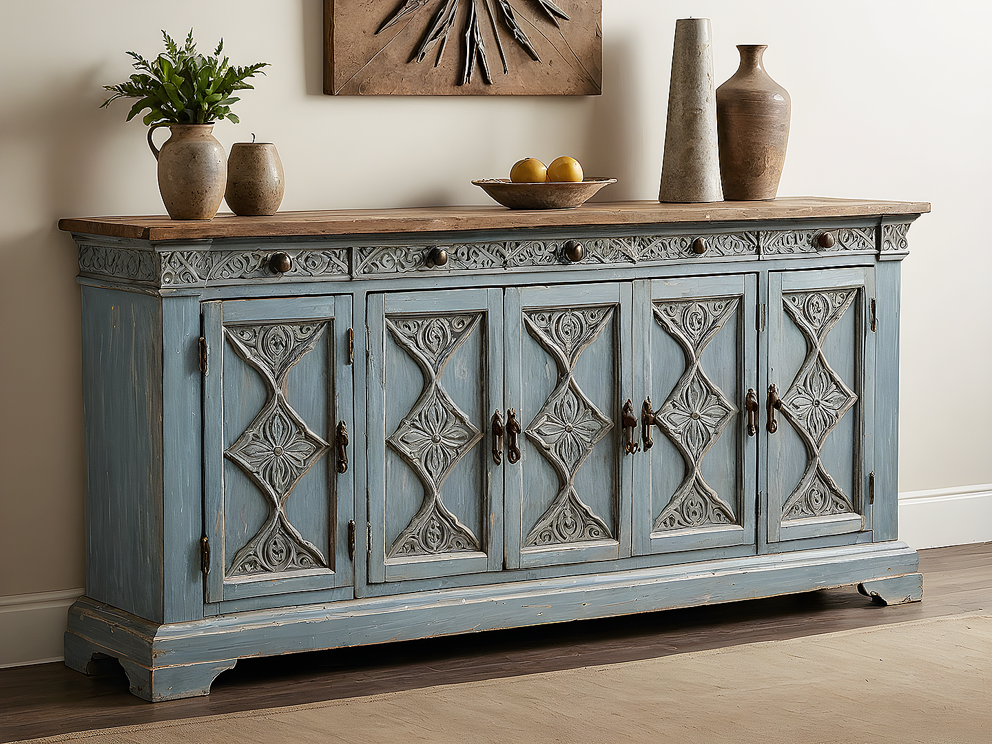 Clio Rustic Μπουφές σε Dusty Blue με Χειροποίητα Σκαλίσματα