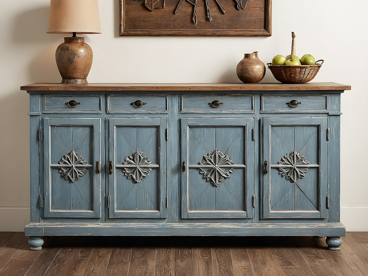 Clio Rustic Μπουφές σε Dusty Blue με Χειροποίητα Σκαλίσματα