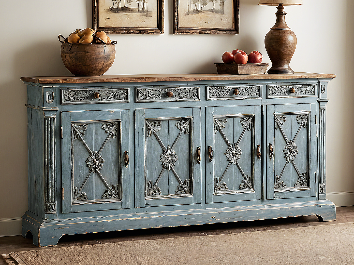 Clio Rustic Μπουφές σε Dusty Blue με Χειροποίητα Σκαλίσματα