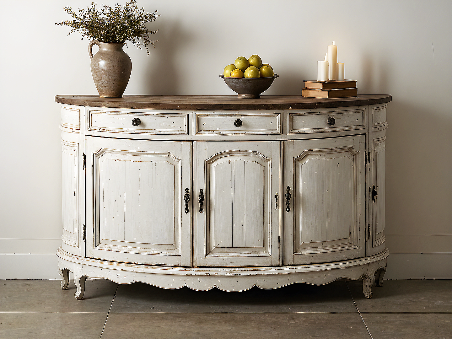 Rustic White Demilune Μπουφές Γαλλικού Στυλ με Πατίνα και Καμπυλωτό Σχέδιο