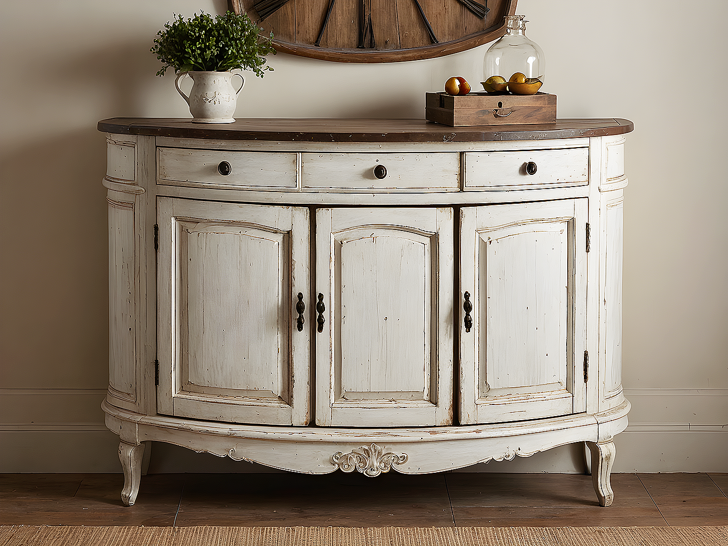 Rustic White Demilune Μπουφές Γαλλικού Στυλ με Πατίνα και Καμπυλωτό Σχέδιο