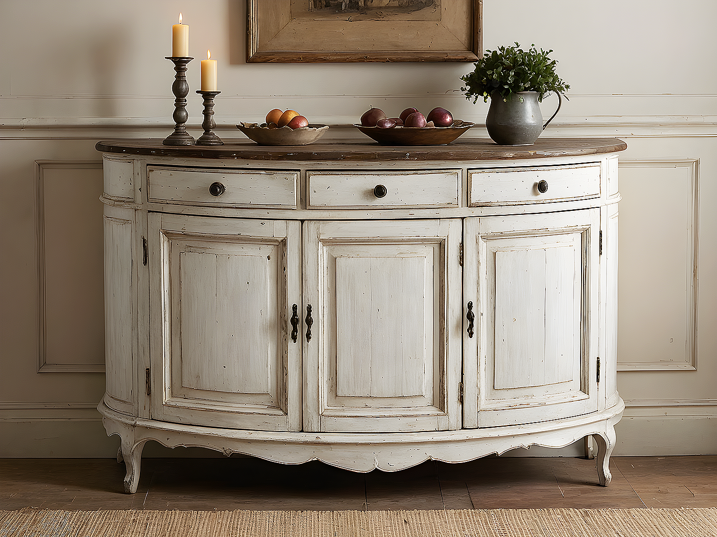 Rustic White Demilune Μπουφές Γαλλικού Στυλ με Πατίνα και Καμπυλωτό Σχέδιο