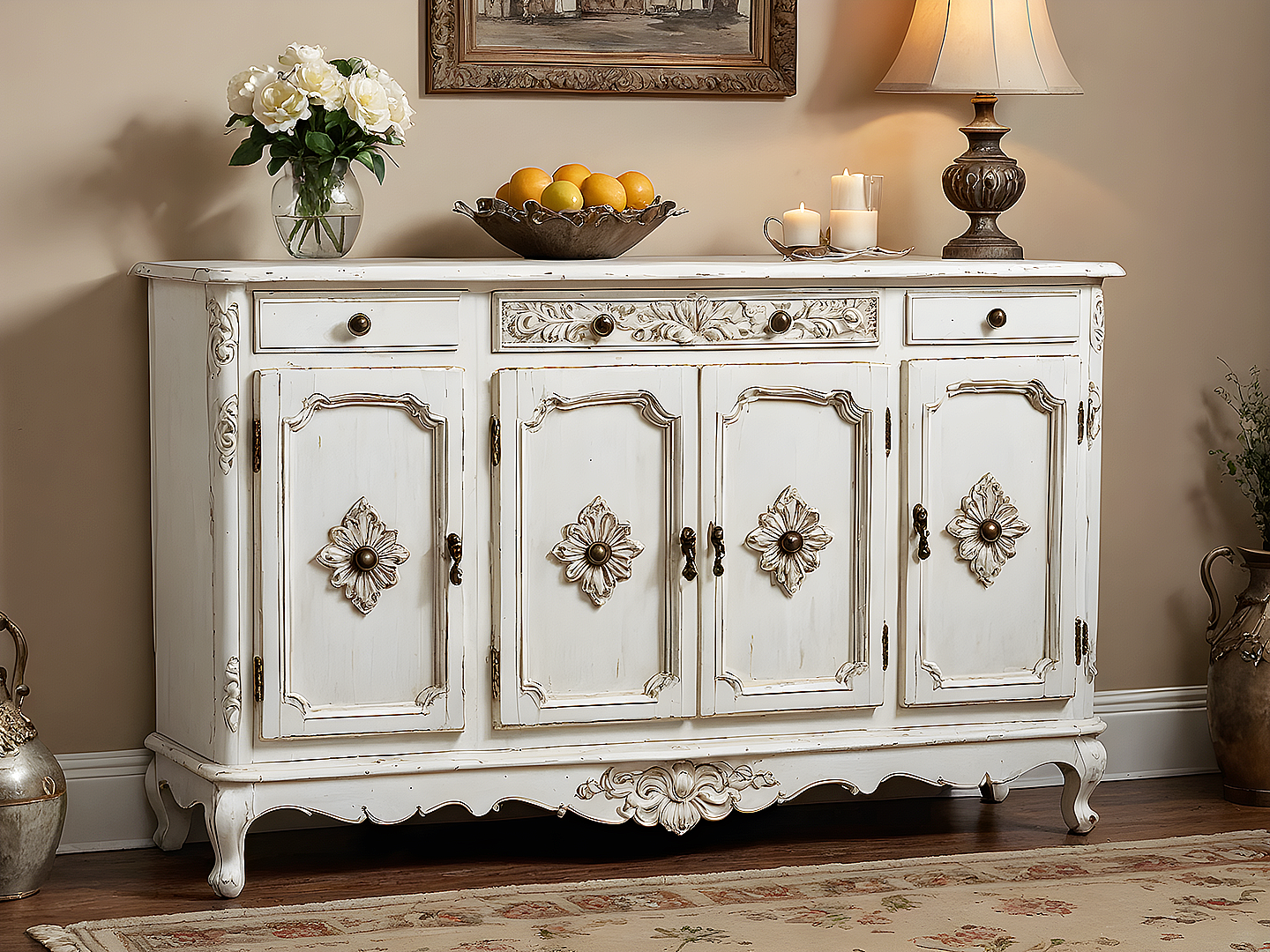 White Fleur Μπουφές Γαλλικού Στυλ με Ανάγλυφα Μοτίβα & Πατίνα