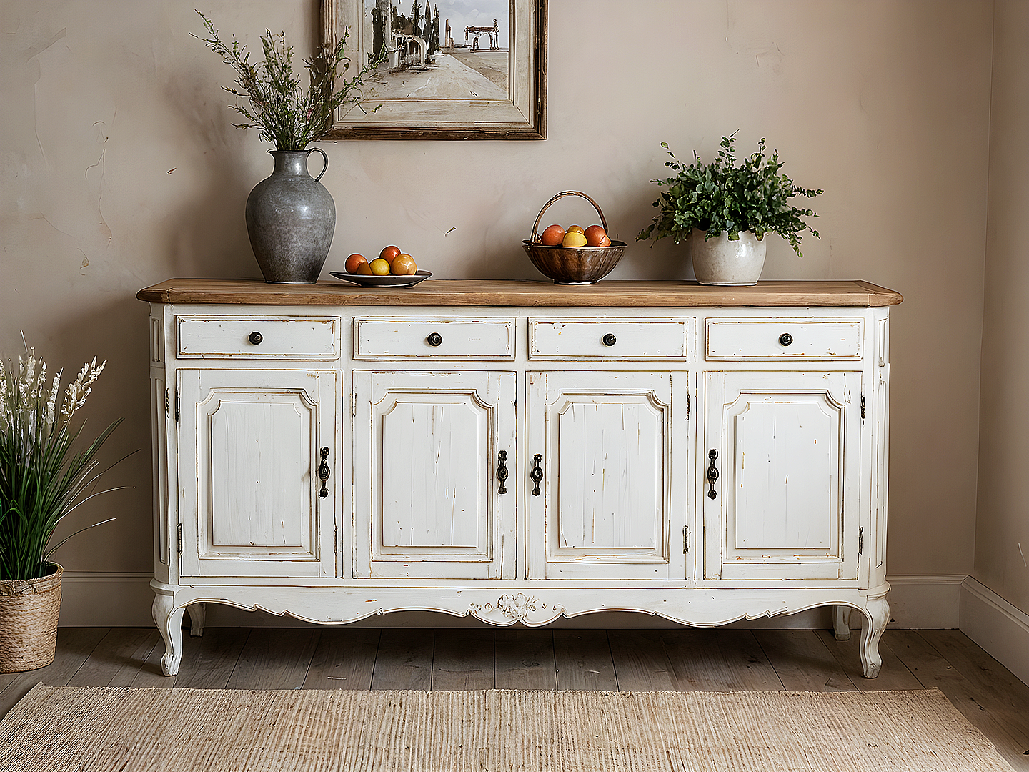 White Fleur Μπουφές Γαλλικού Στυλ με Ανάγλυφα Μοτίβα & Πατίνα