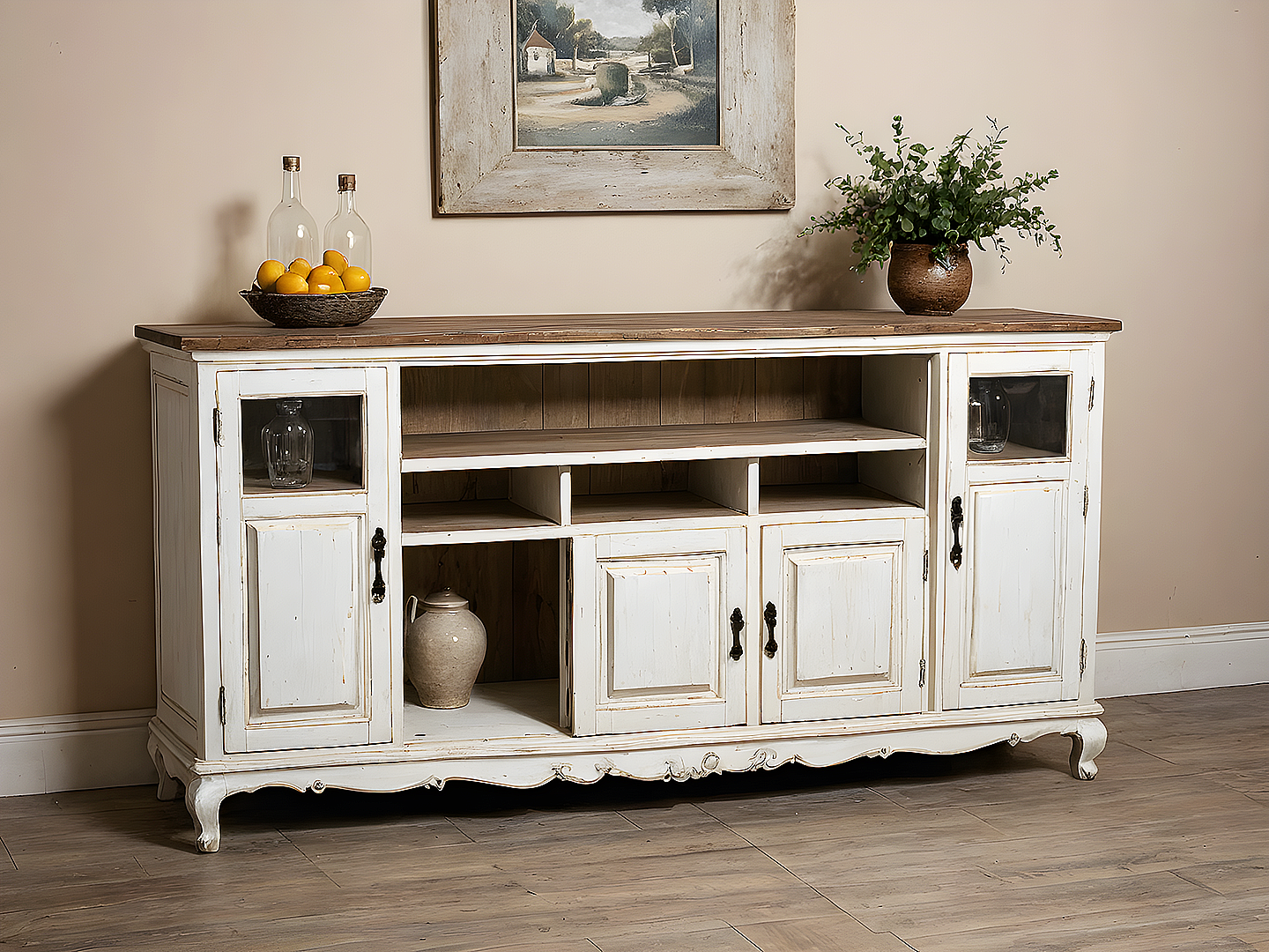 White Fleur Μπουφές Γαλλικού Στυλ με Ανάγλυφα Μοτίβα & Πατίνα