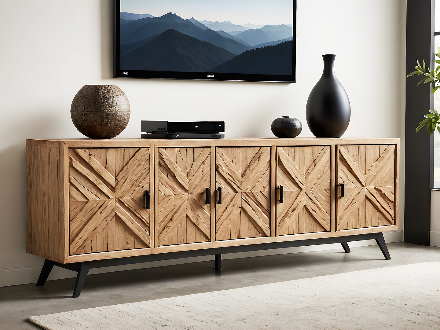 Boho Sunburst Ξύλινο Έπιπλο Τηλεόρασης με Ανάγλυφες Πόρτες