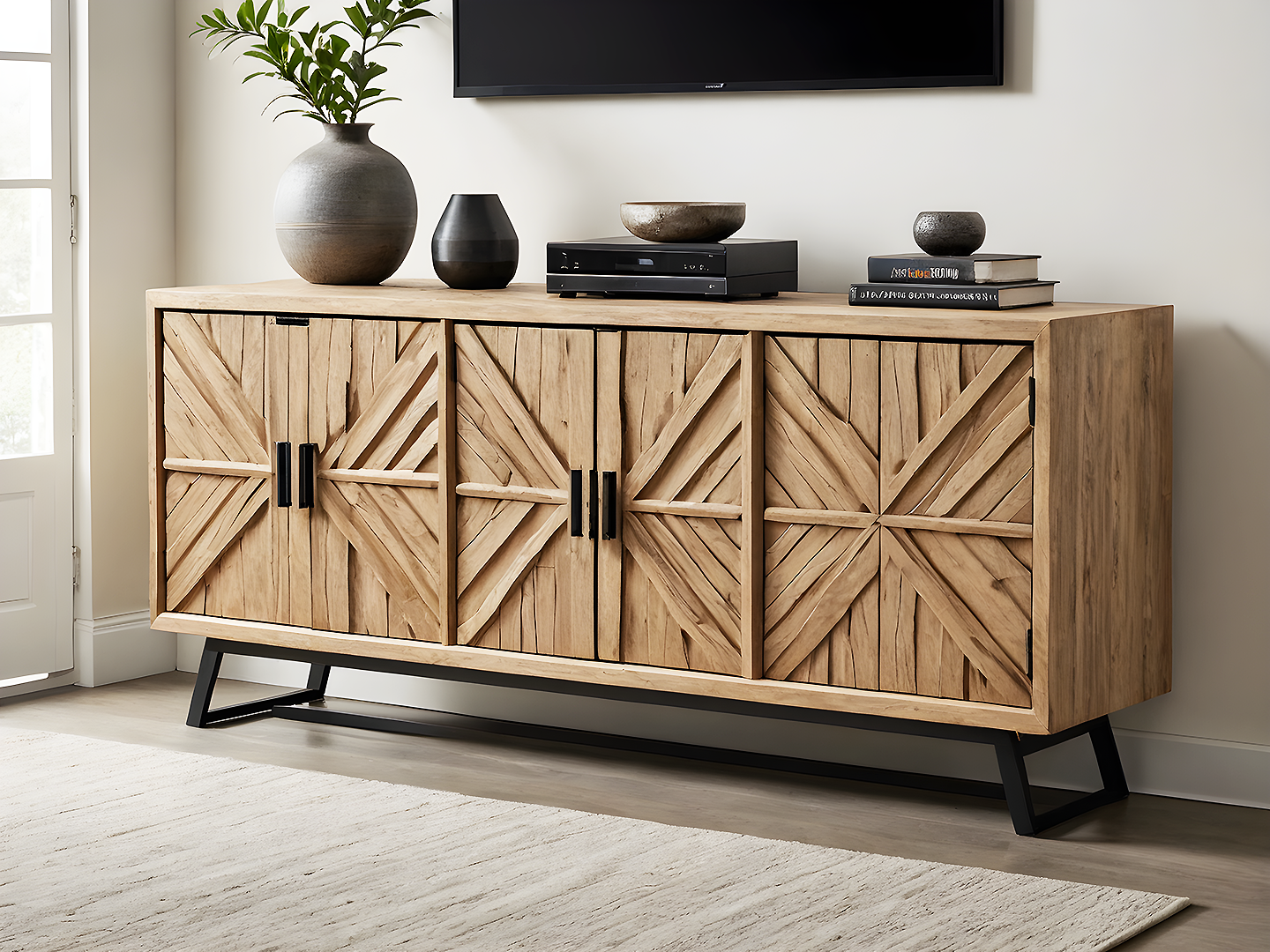 Boho Sunburst Ξύλινο Έπιπλο Τηλεόρασης με Ανάγλυφες Πόρτες