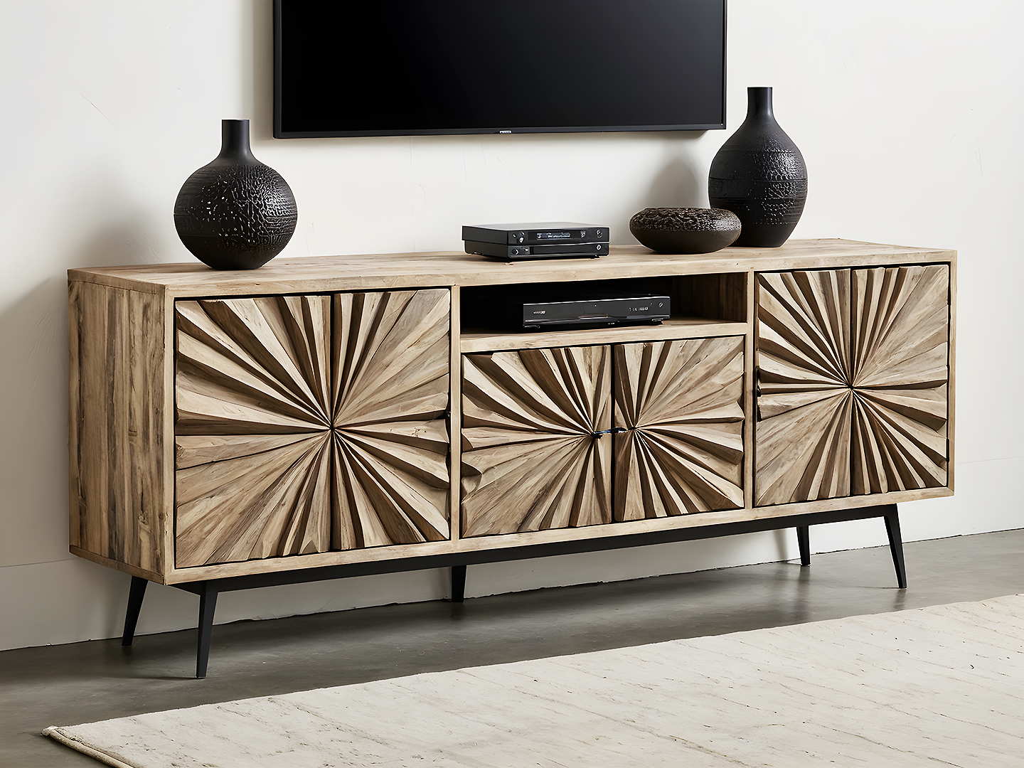 Boho Sunburst Ξύλινο Έπιπλο Τηλεόρασης με Ανάγλυφες Πόρτες