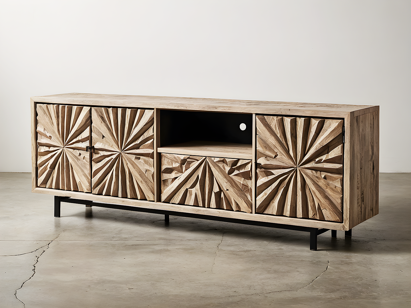 Boho Sunburst Ξύλινο Έπιπλο Τηλεόρασης με Ανάγλυφες Πόρτες