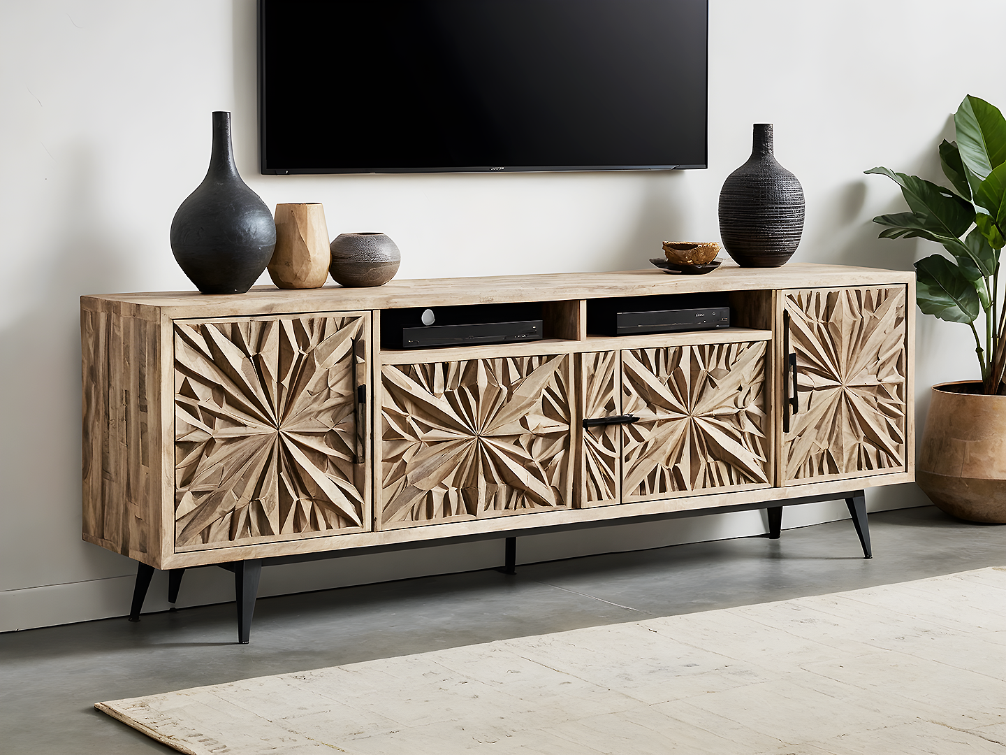 Boho Sunburst Ξύλινο Έπιπλο Τηλεόρασης με Ανάγλυφες Πόρτες