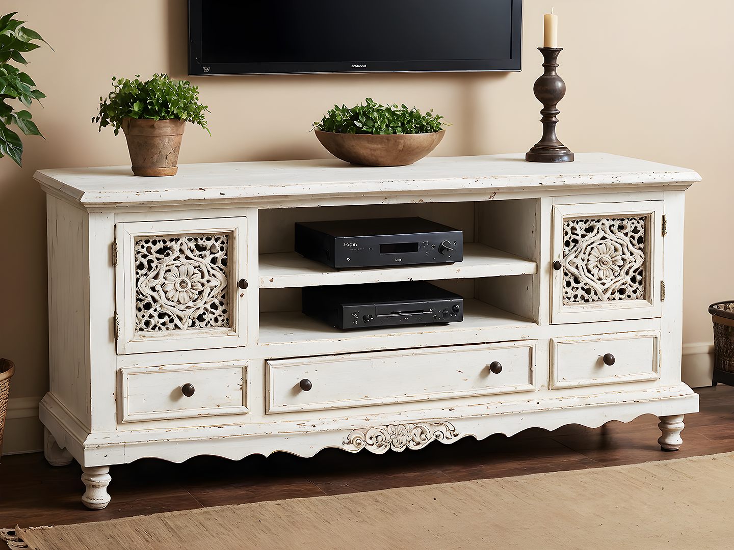 Vineyard Vintage Έπιπλο Τηλεόρασης με Πατίνα & Διακοσμητικές Ροζέτες