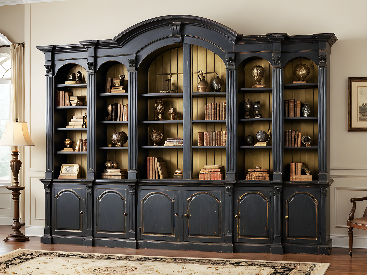 Βιβλιοθήκη Τοίχου Vintage σε Σκούρο Ανθρακί με Ορειχάλκινη Πλάτη