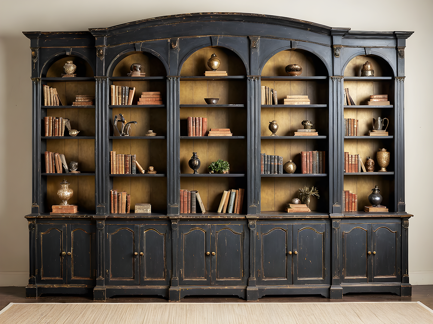 Βιβλιοθήκη Τοίχου Vintage σε Σκούρο Ανθρακί με Ορειχάλκινη Πλάτη