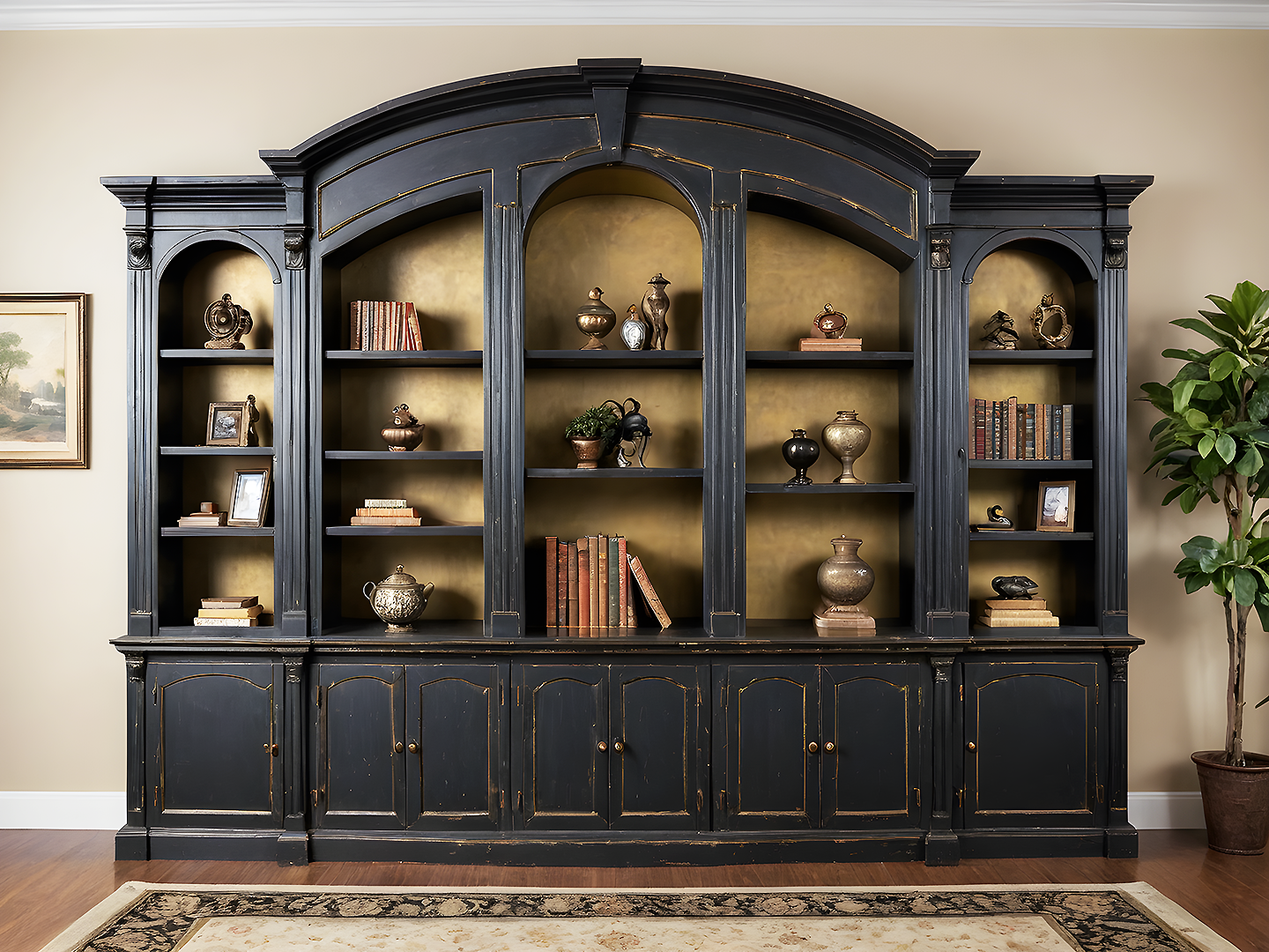 Βιβλιοθήκη Τοίχου Vintage σε Σκούρο Ανθρακί με Ορειχάλκινη Πλάτη