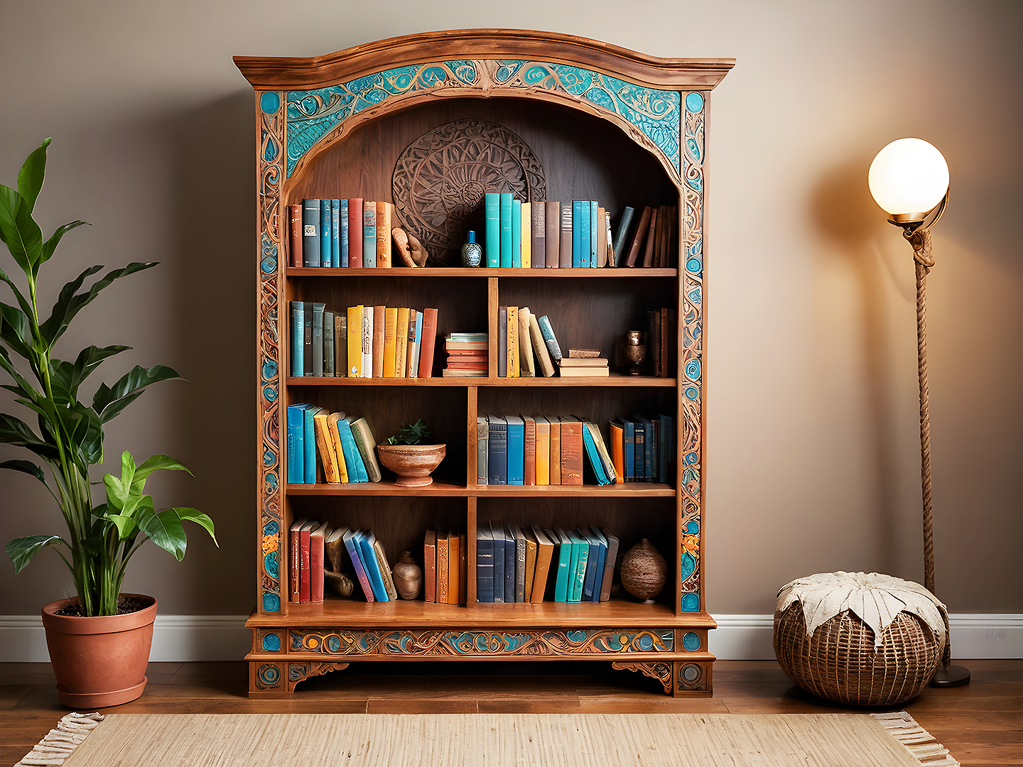 Boho Χειροποίητη Βιβλιοθήκη με Σκαλιστά Μοτίβα και Τυρκουάζ Λεπτομέρειες