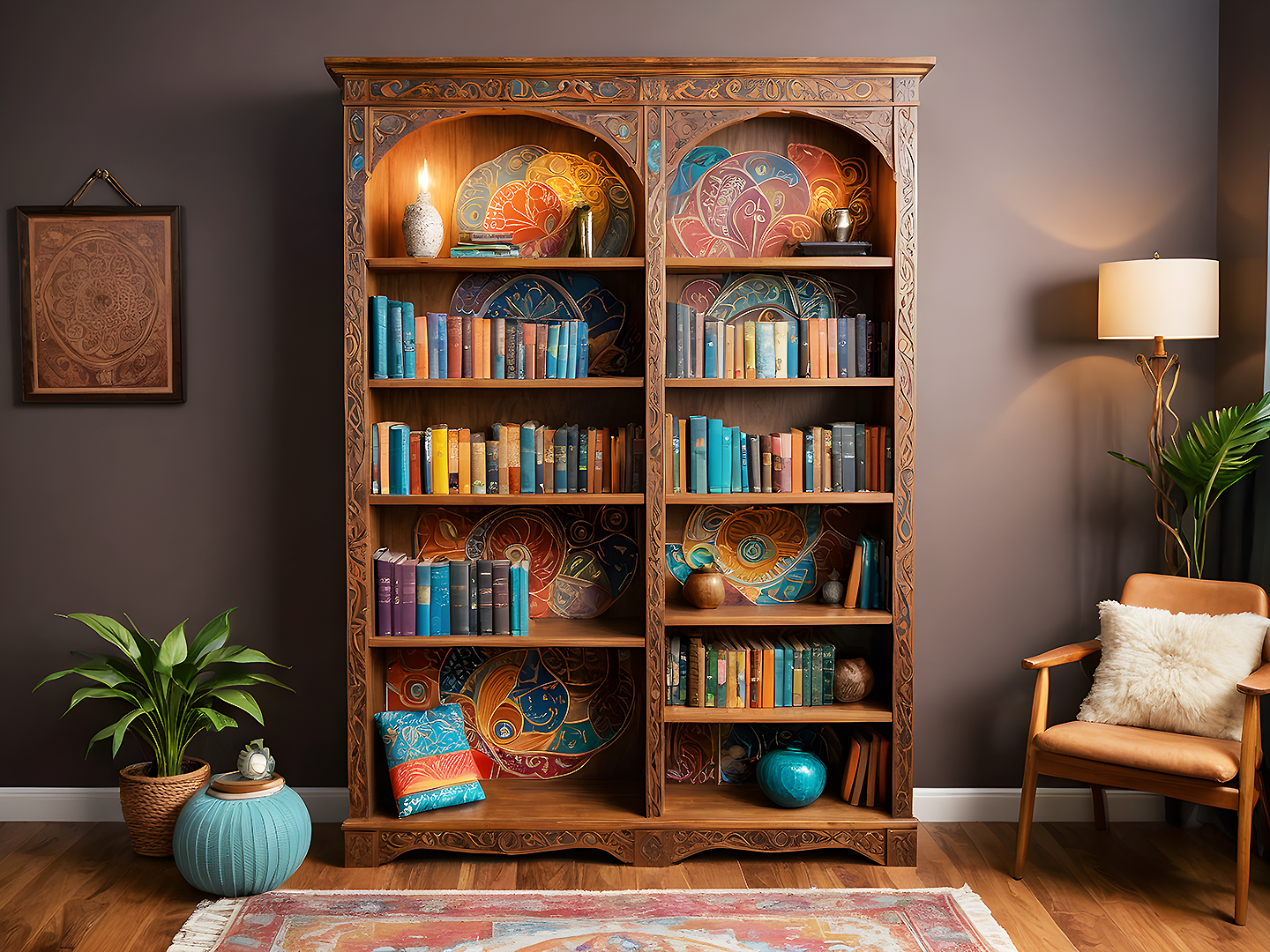 Boho Χειροποίητη Βιβλιοθήκη με Σκαλιστά Μοτίβα και Τυρκουάζ Λεπτομέρειες