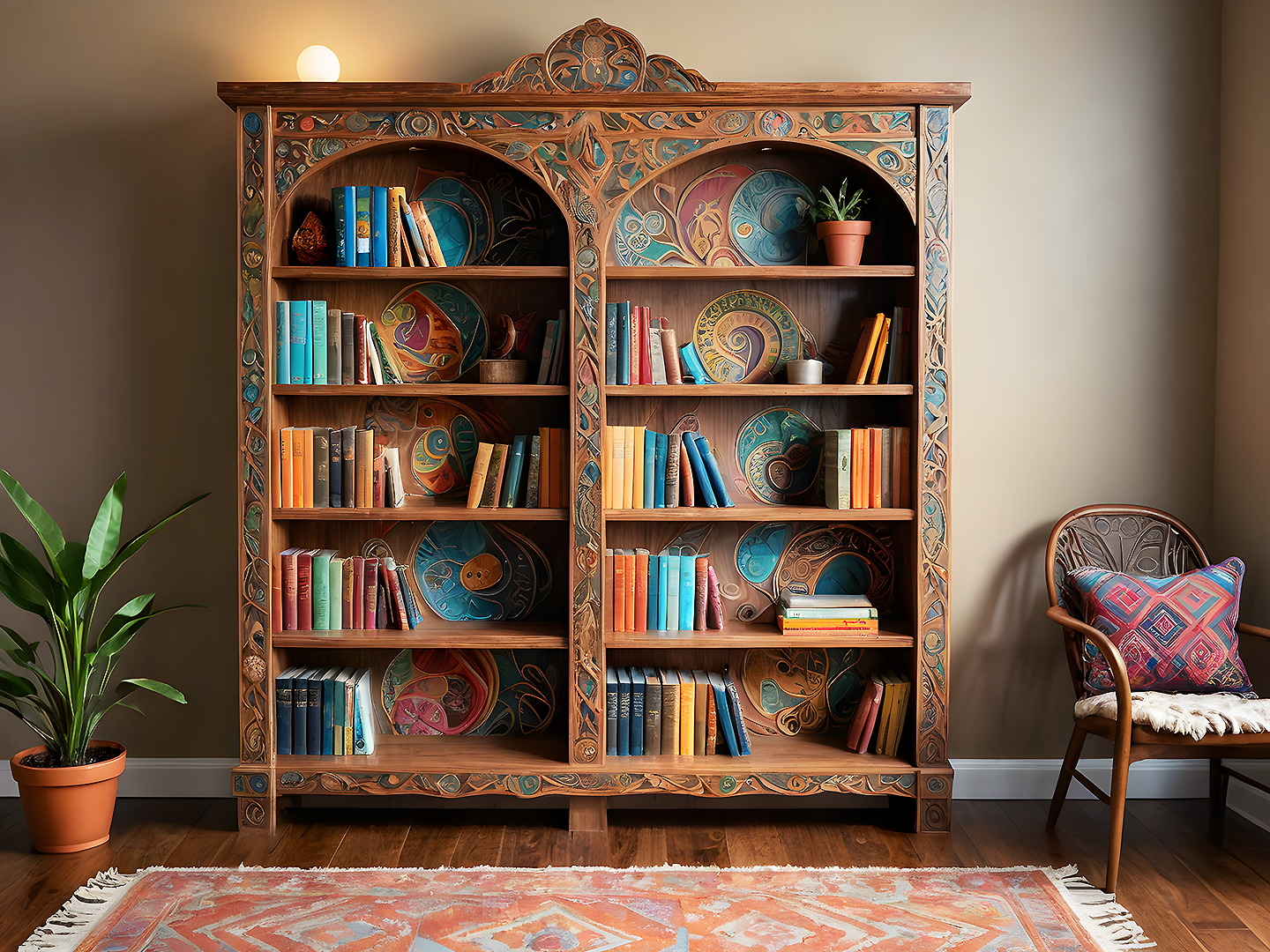 Boho Χειροποίητη Βιβλιοθήκη με Σκαλιστά Μοτίβα και Τυρκουάζ Λεπτομέρειες