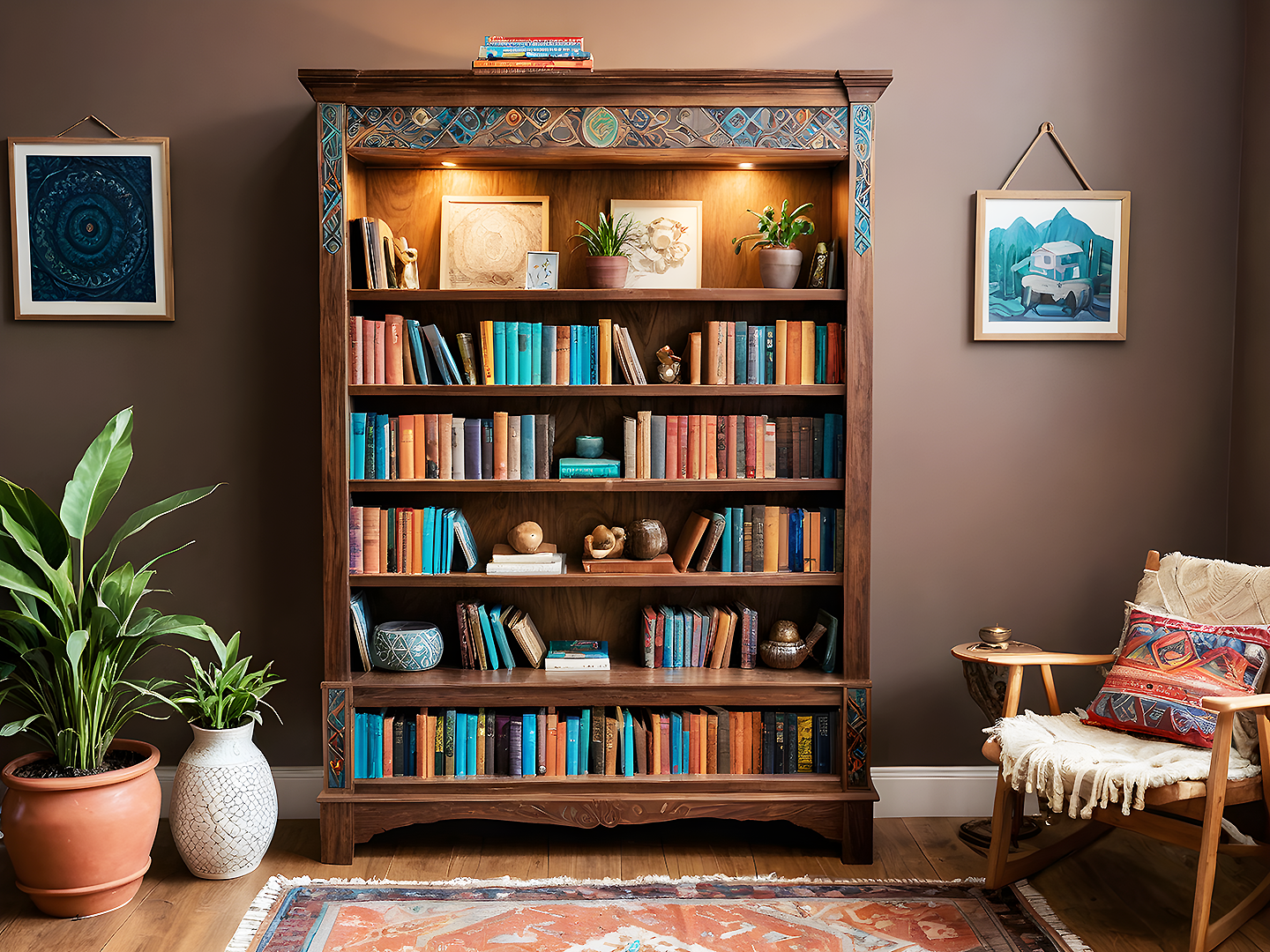 Boho Χειροποίητη Βιβλιοθήκη με Σκαλιστά Μοτίβα και Τυρκουάζ Λεπτομέρειες
