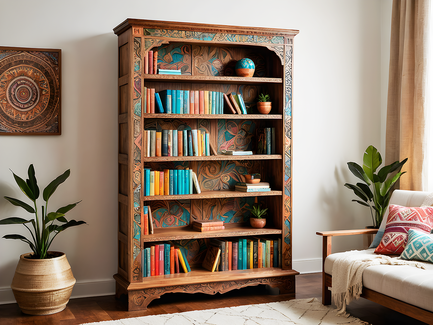 Boho Χειροποίητη Βιβλιοθήκη με Σκαλιστά Μοτίβα και Τυρκουάζ Λεπτομέρειες