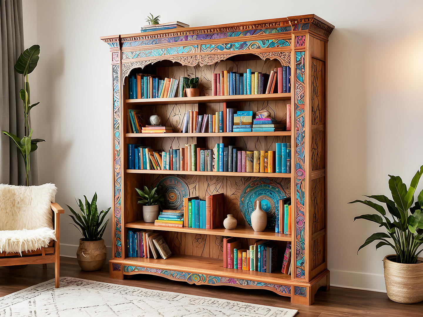 Boho Χειροποίητη Βιβλιοθήκη με Σκαλιστά Μοτίβα και Τυρκουάζ Λεπτομέρειες