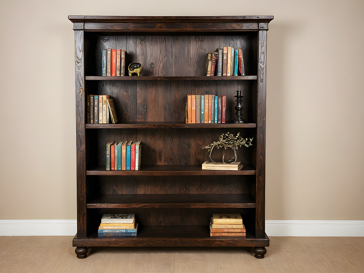 Μασίφ Ξύλινη Βιβλιοθήκη σε Σκούρο Καρυδί Φινίρισμα