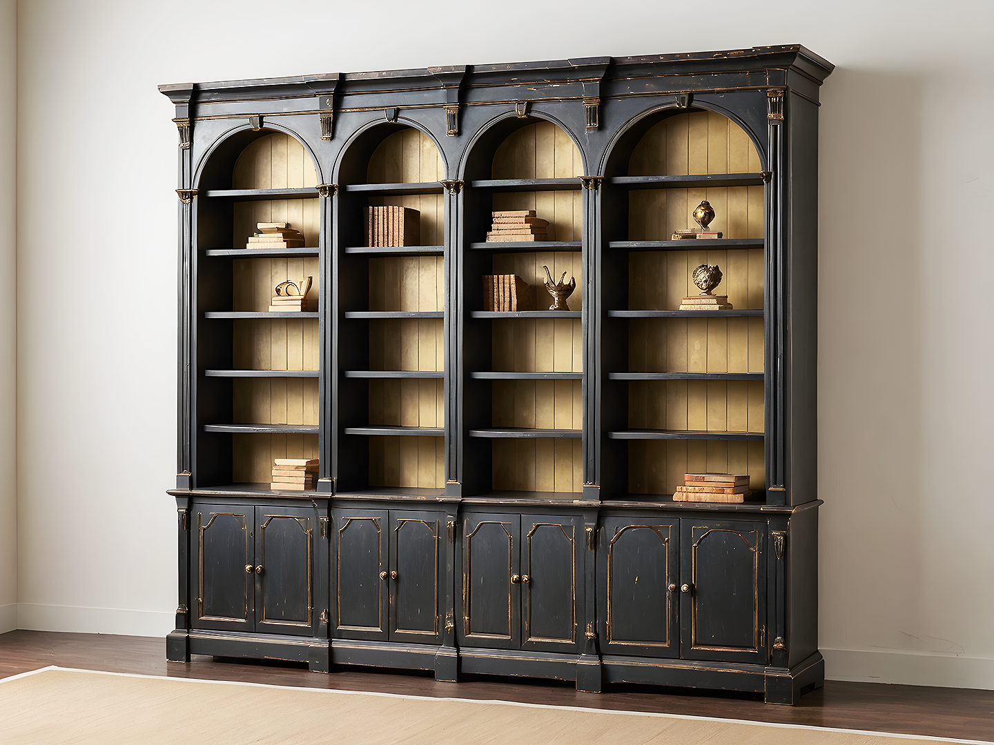 Masif Κλασική Μαύρη Βιβλιοθήκη με Καμάρες