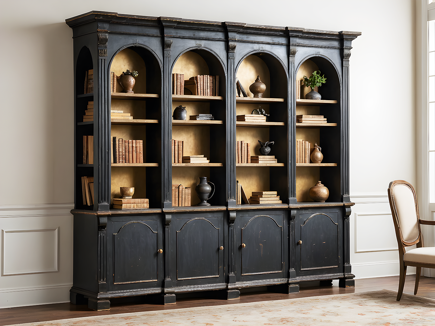 Masif Κλασική Μαύρη Βιβλιοθήκη με Καμάρες