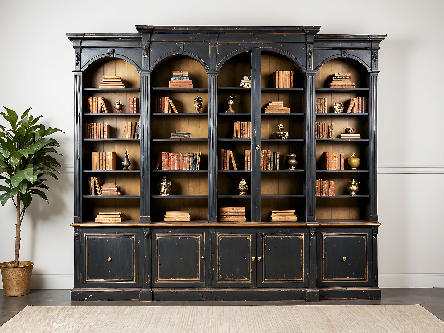 Masif Κλασική Μαύρη Βιβλιοθήκη με Καμάρες