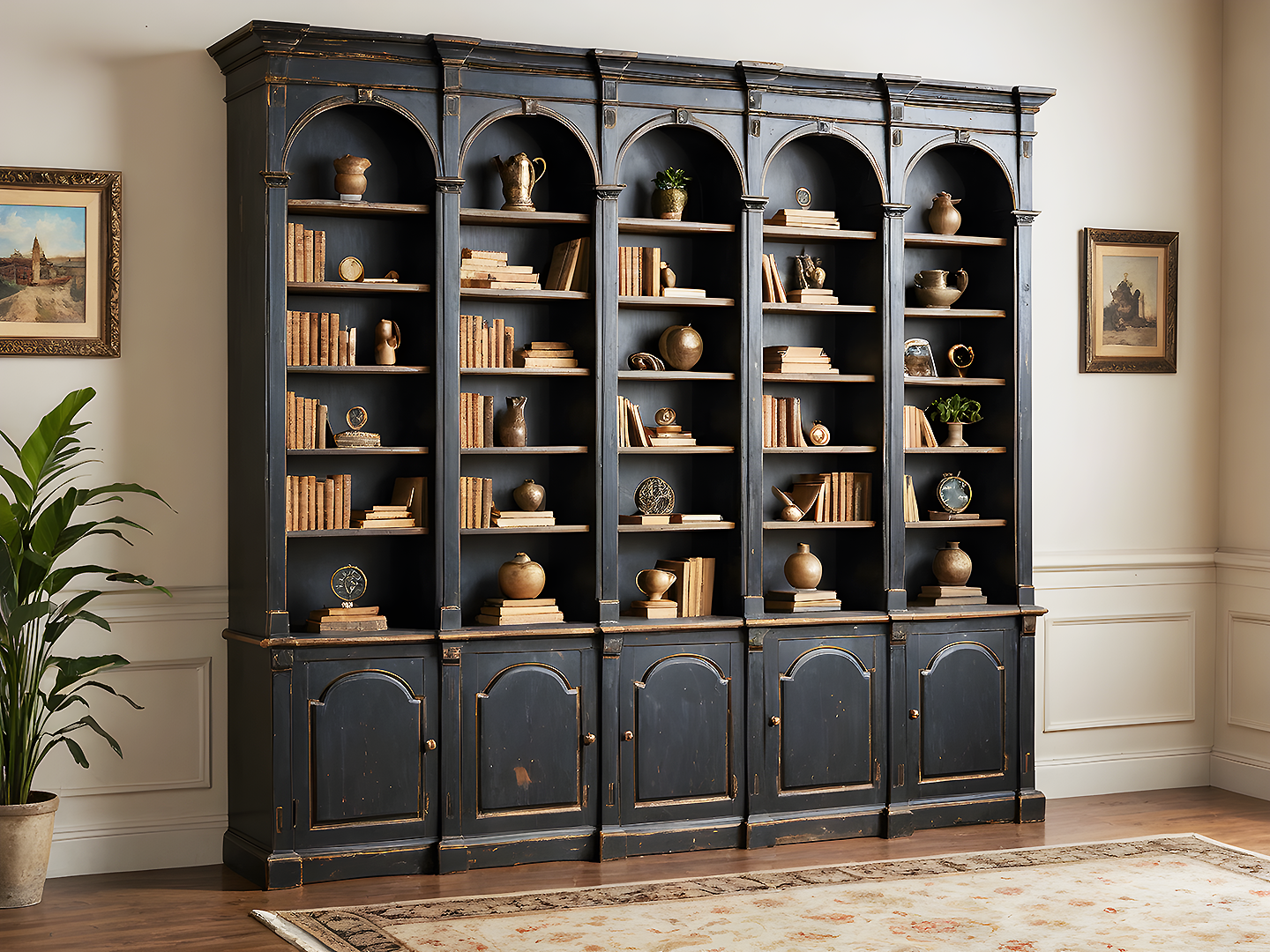 Masif Κλασική Μαύρη Βιβλιοθήκη με Καμάρες