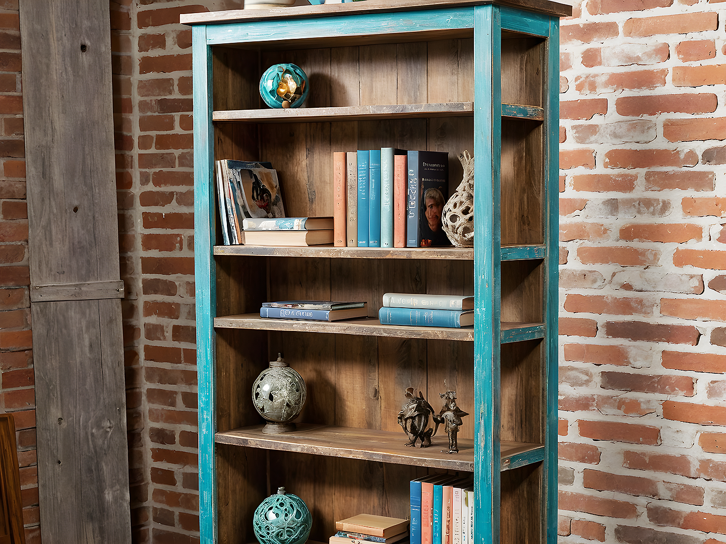 Artisan Boho Βιβλιοθήκη Ξύλινη με Τιρκουάζ Πατίνα