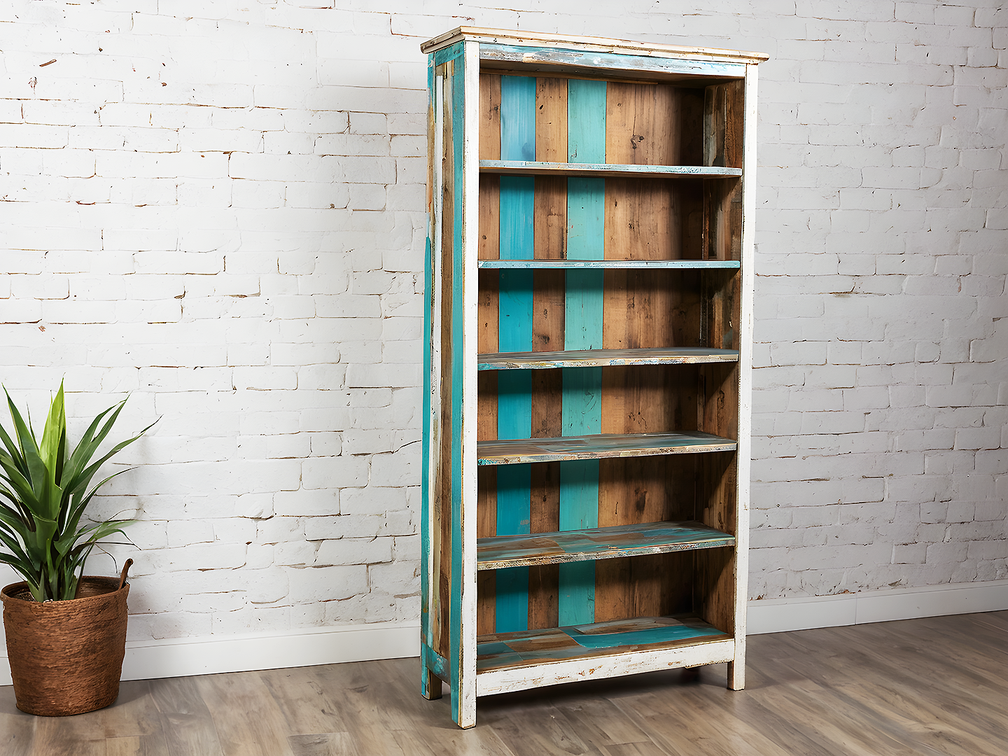 Artisan Boho Βιβλιοθήκη Ξύλινη με Τιρκουάζ Πατίνα